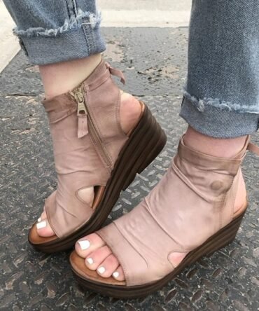 Sandals Women Wedge Heel Side Zipper Ruffled Surface