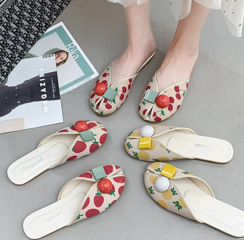 Strawberry Slippers Women's Flat Out Cherry Toe Cap Semi Slipper Fish Mouth Beach - Image 6