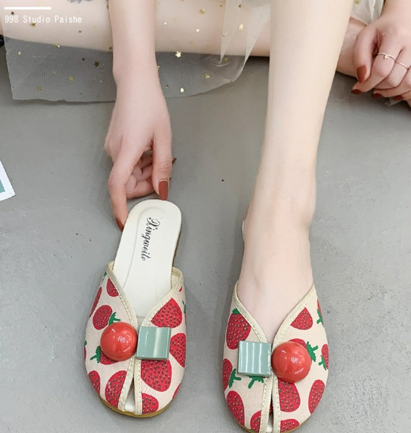Strawberry Slippers Women's Flat Out Cherry Toe Cap Semi Slipper Fish Mouth Beach - Image 2