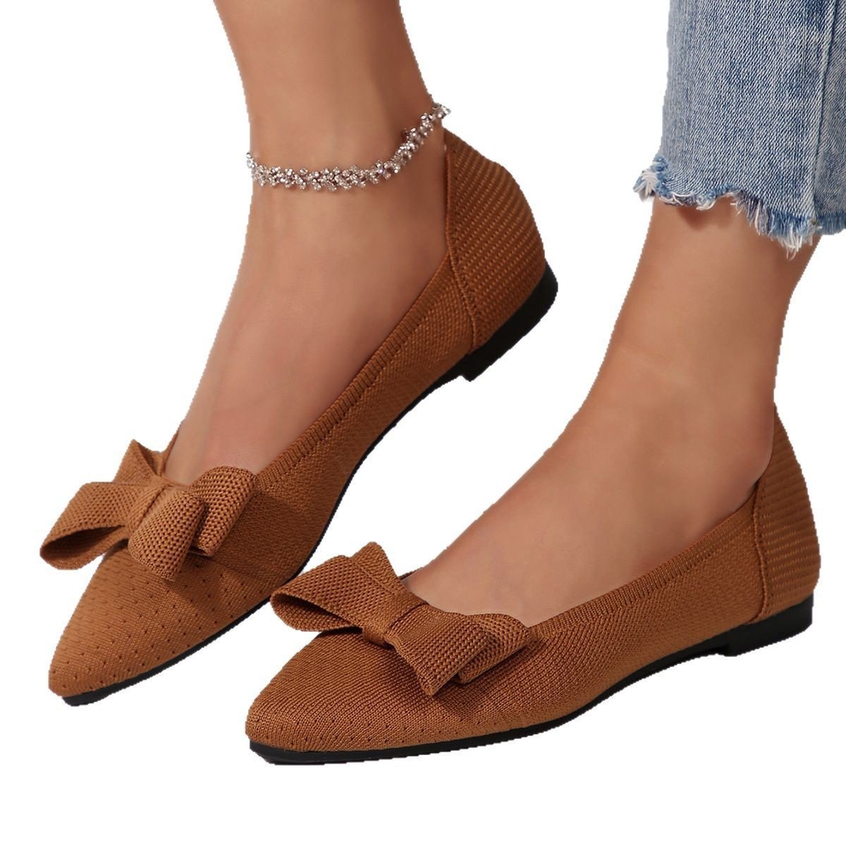 Pointed Knitted Bow Shallow Mouth Pumps Women's Western Style With Skirt Flat - Image 4