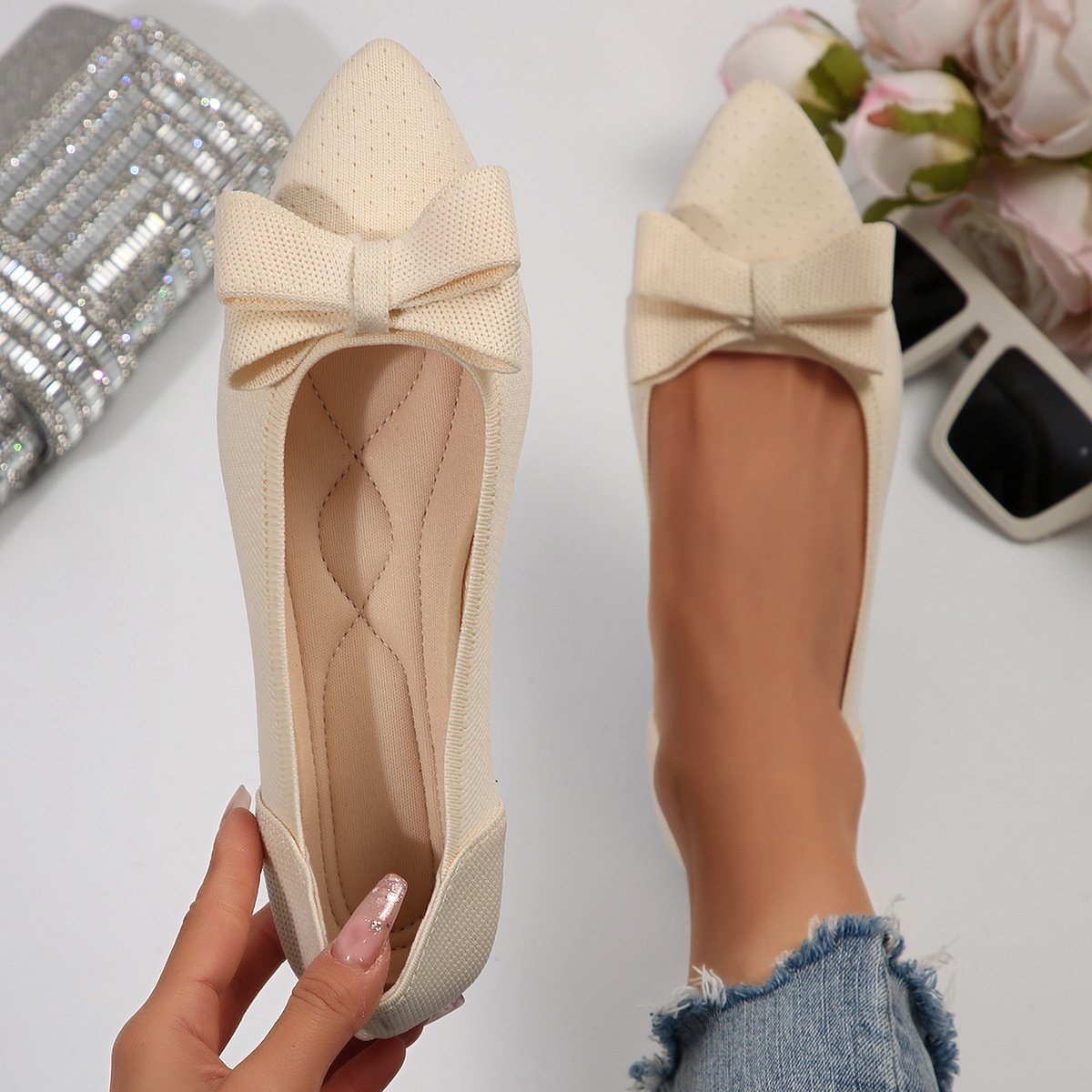 Pointed Knitted Bow Shallow Mouth Pumps Women's Western Style With Skirt Flat - Image 2