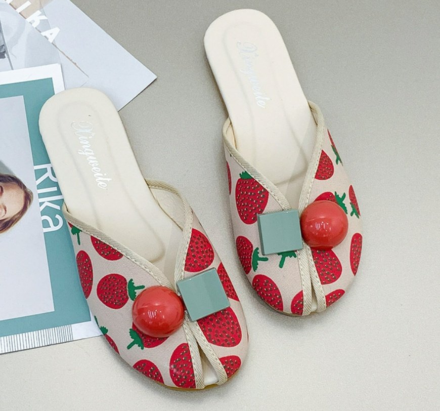 Strawberry Slippers Women's Flat Out Cherry Toe Cap Semi Slipper Fish Mouth Beach - Image 10
